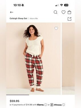 Adore Me White Ribbed Henley Top with Red and Pink Plaid Sleep Pants